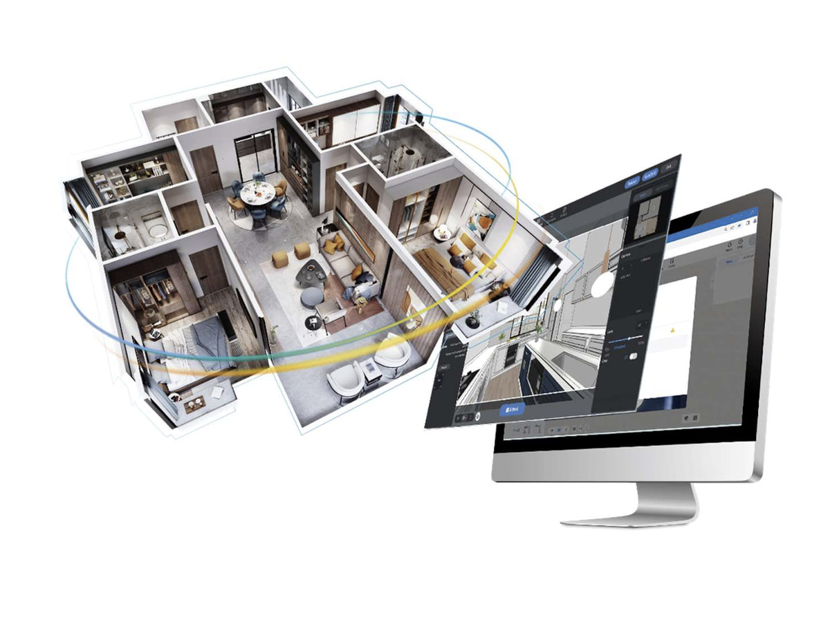 A KD20 floor plan shown as a furnished 3D cutaway, feeding into the design workspace on a desktop monitor