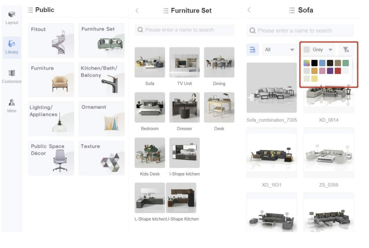 KD20 built-in 3D model library, browsing furniture sets down to individual sofas